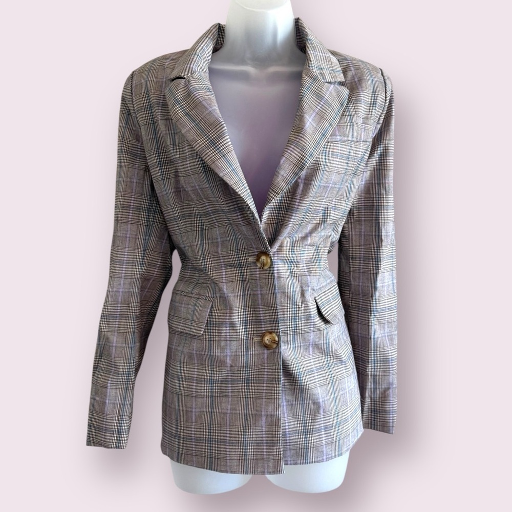 Nasty Gal Plaid Structured Blazer Purple Gray Blue Size 2 - Picture 3 of 6